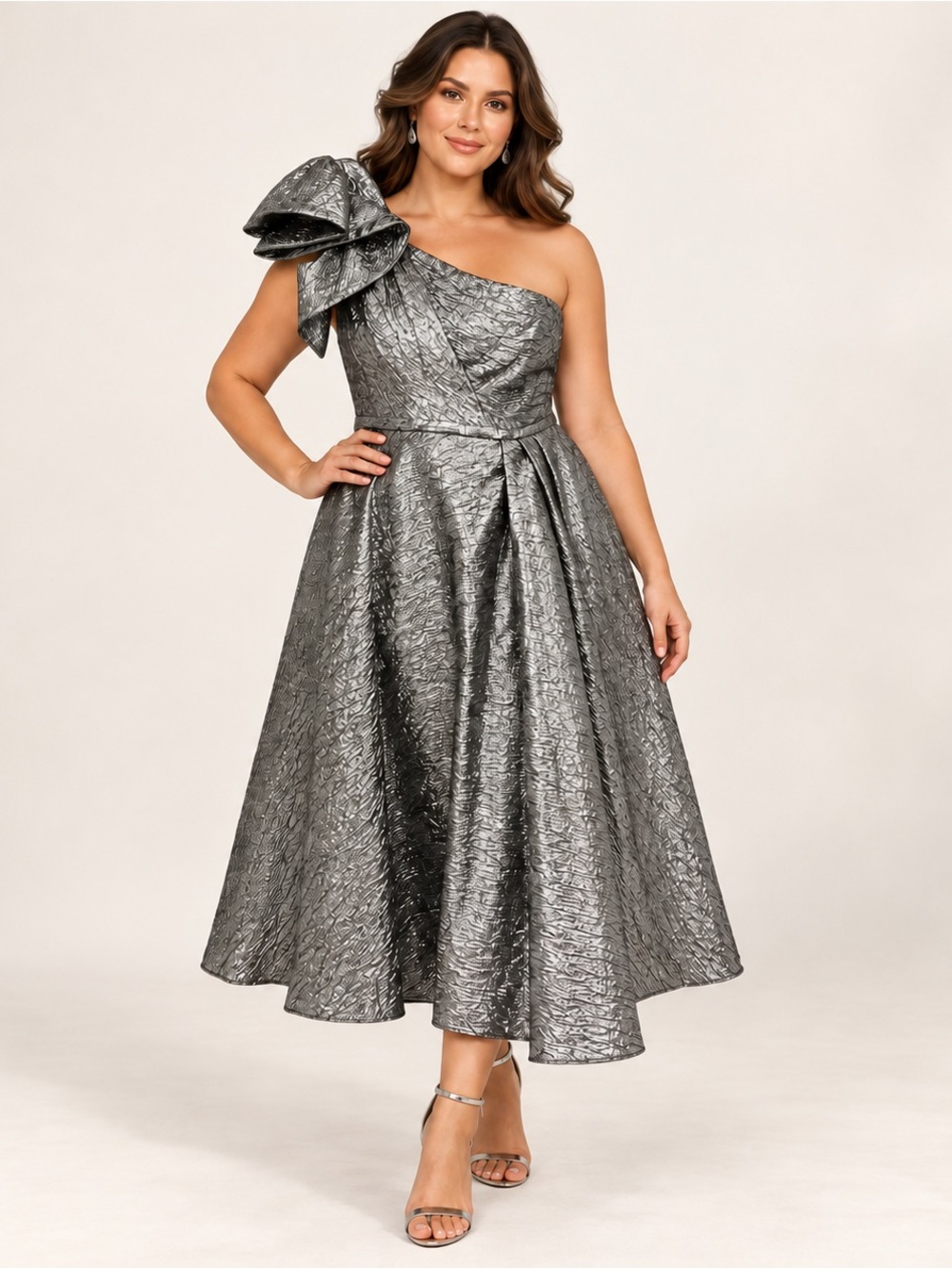 Mac Duggal One-Shoulder Metallic Silver Cocktail Dress with Statement Bow
